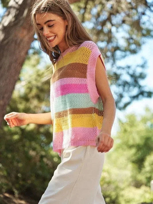 Multi Striped Sleeveless Knit Sweater
