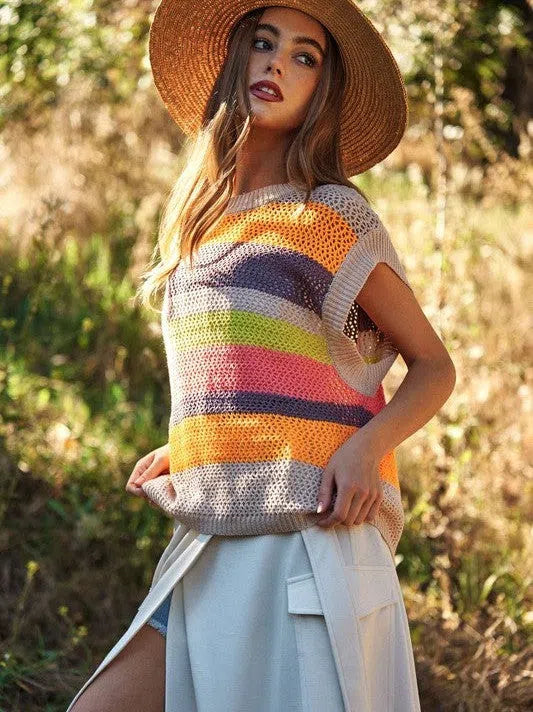 Multi Striped Sleeveless Knit Sweater