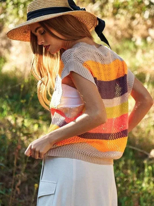 Multi Striped Sleeveless Knit Sweater