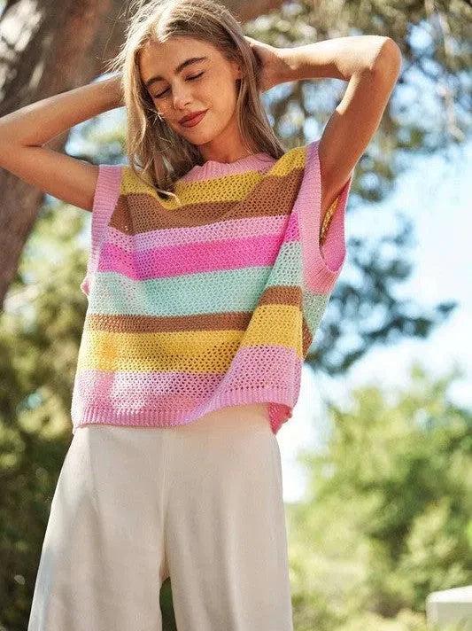 Multi Striped Sleeveless Knit Sweater