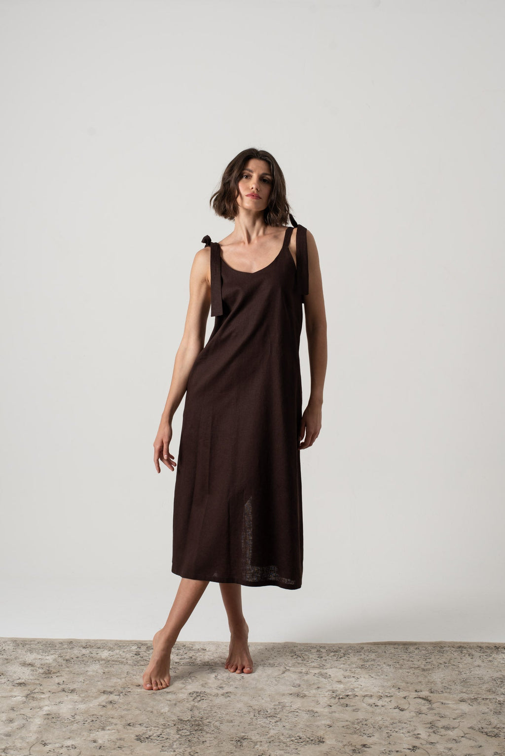 Linen Slip Dress Brown Espresso