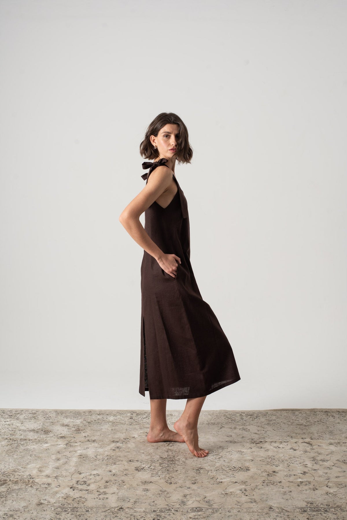 Linen Slip Dress Brown Espresso