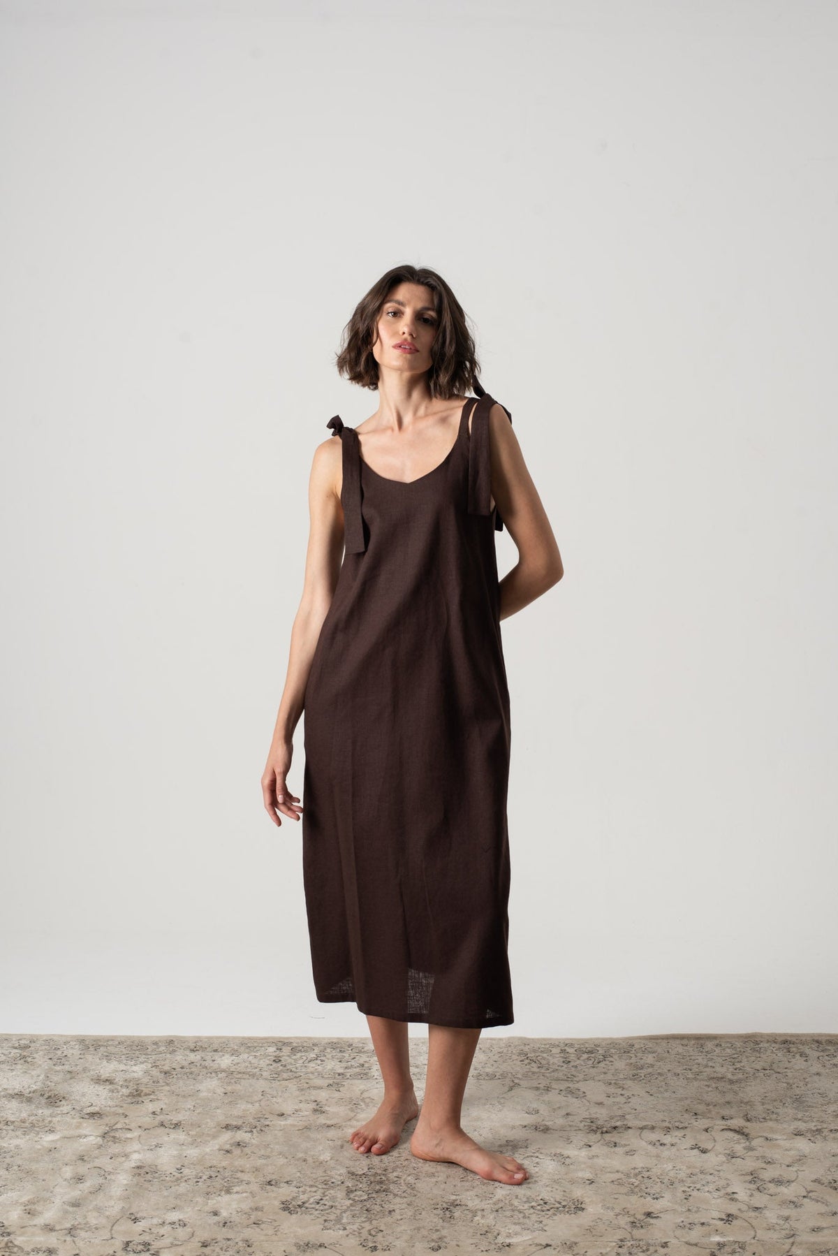 Linen Slip Dress Brown Espresso