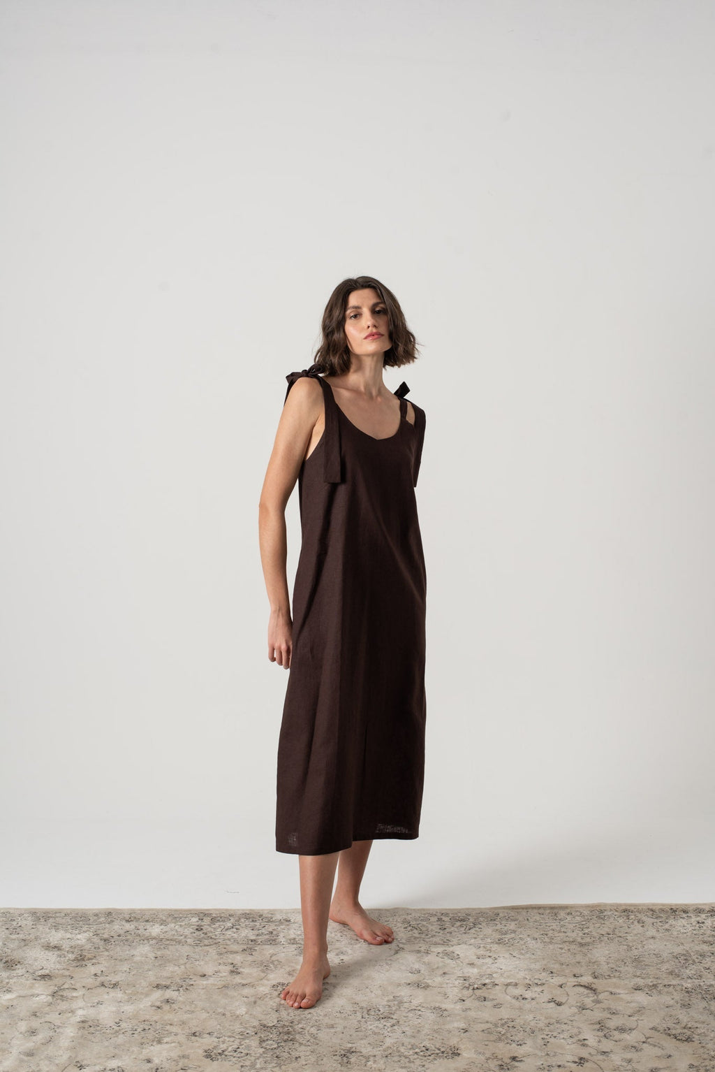 Linen Slip Dress Brown Espresso