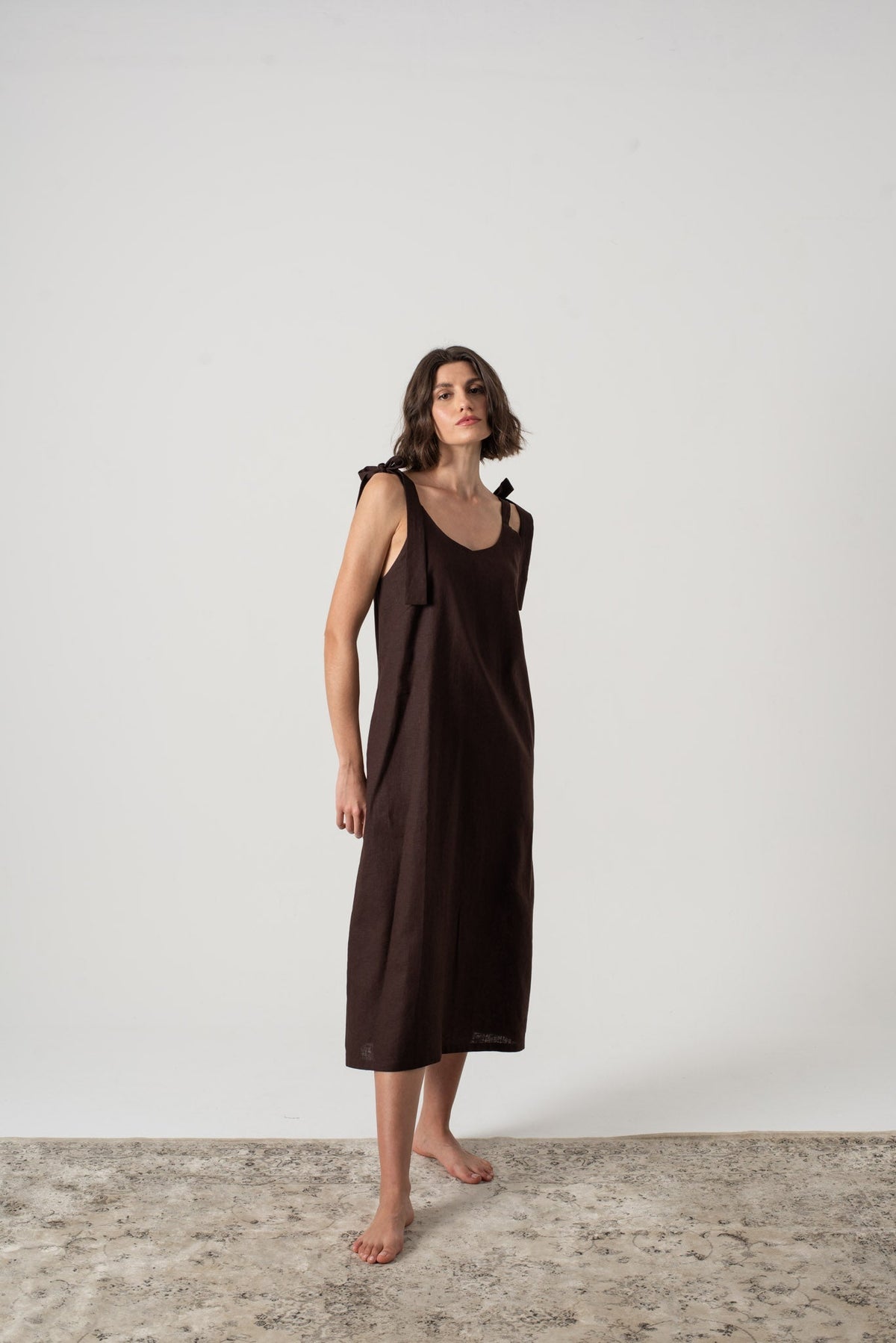 Linen Slip Dress Brown Espresso