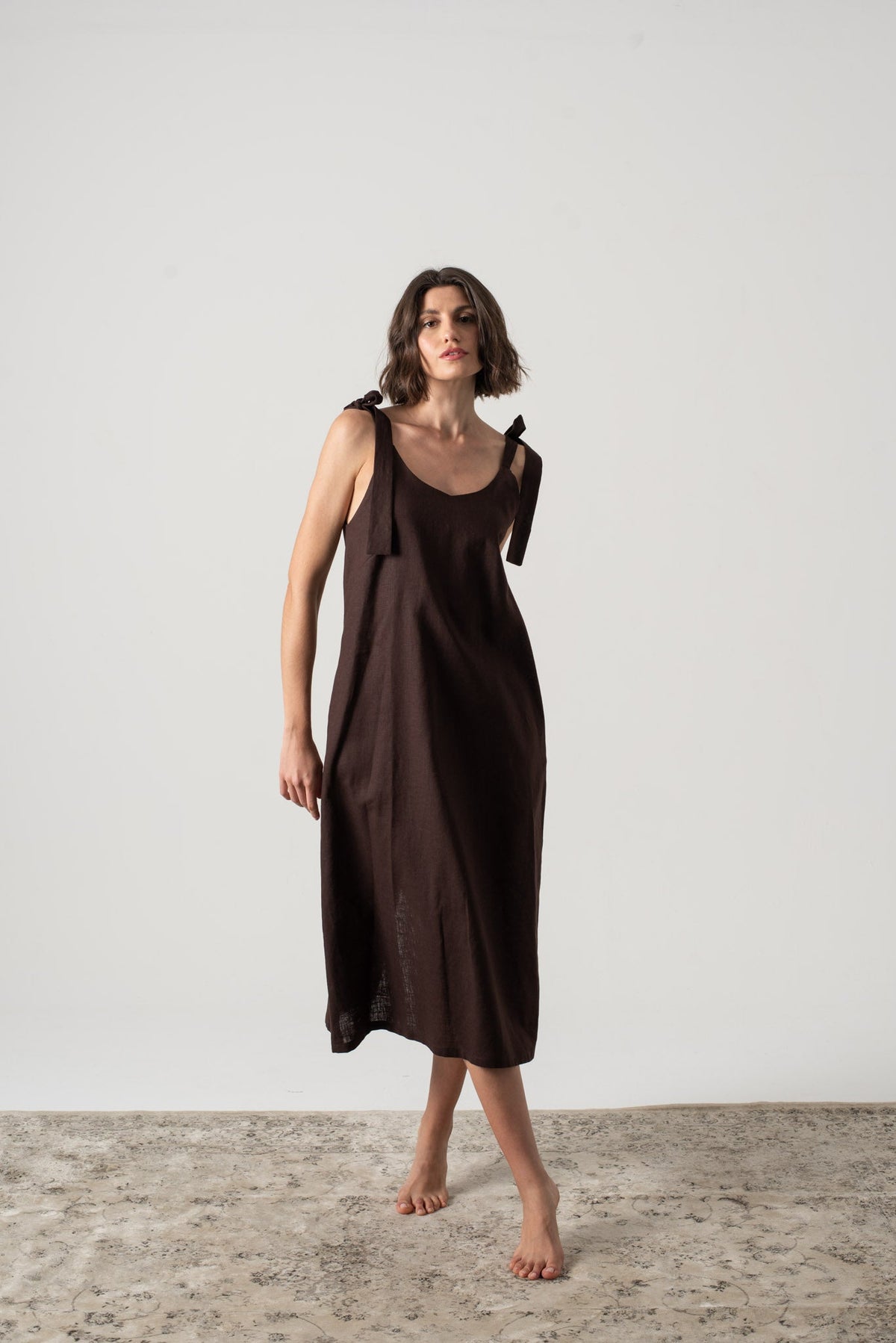 Linen Slip Dress Brown Espresso