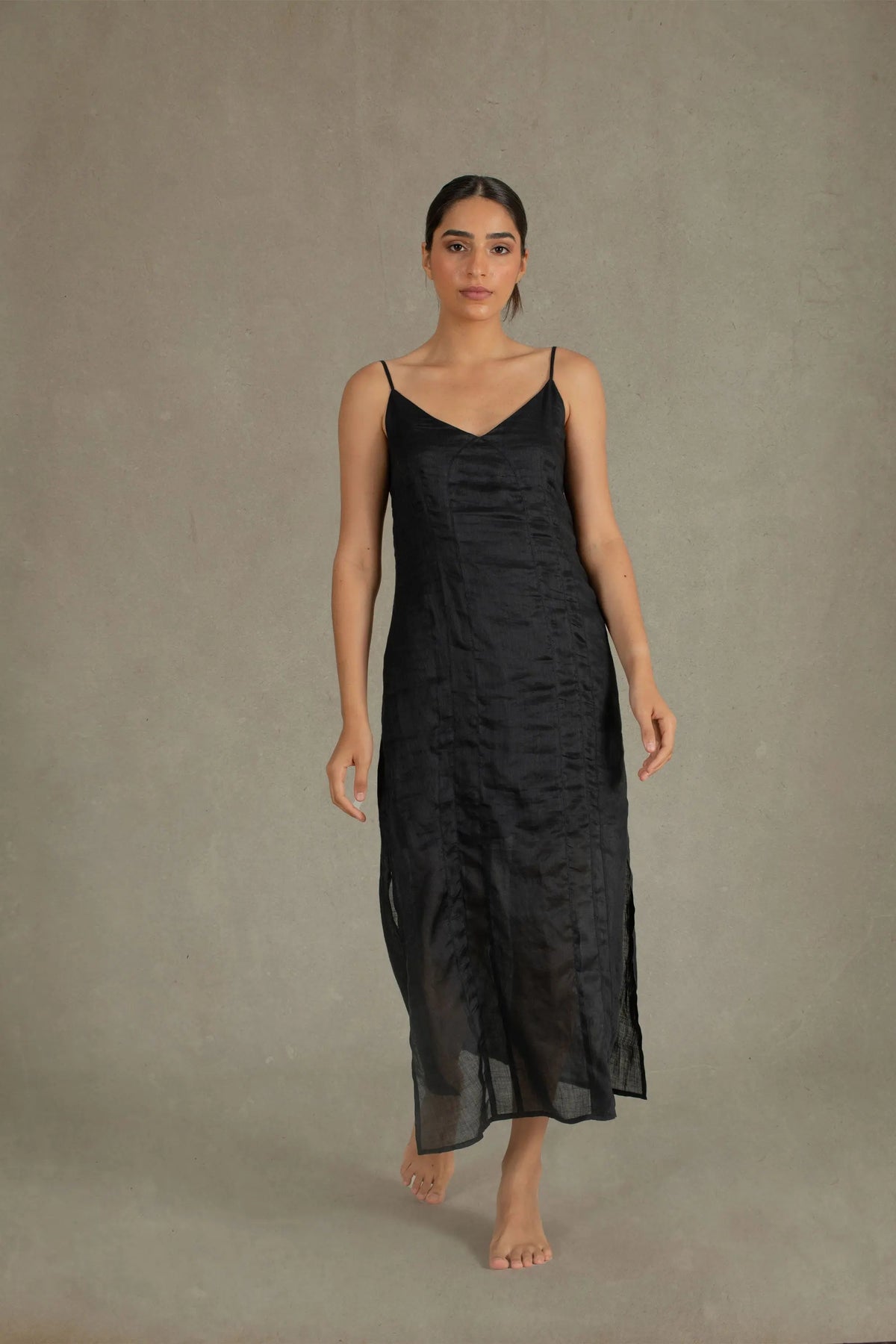 Ramie Linen Slip Dress Black