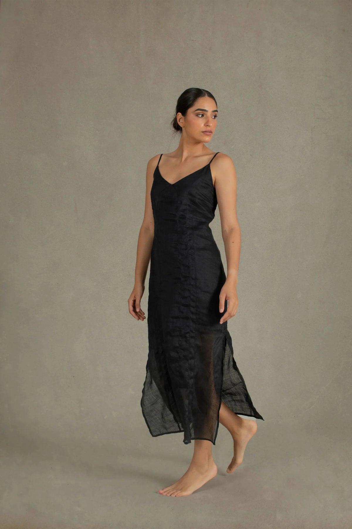 Ramie Linen Slip Dress Black