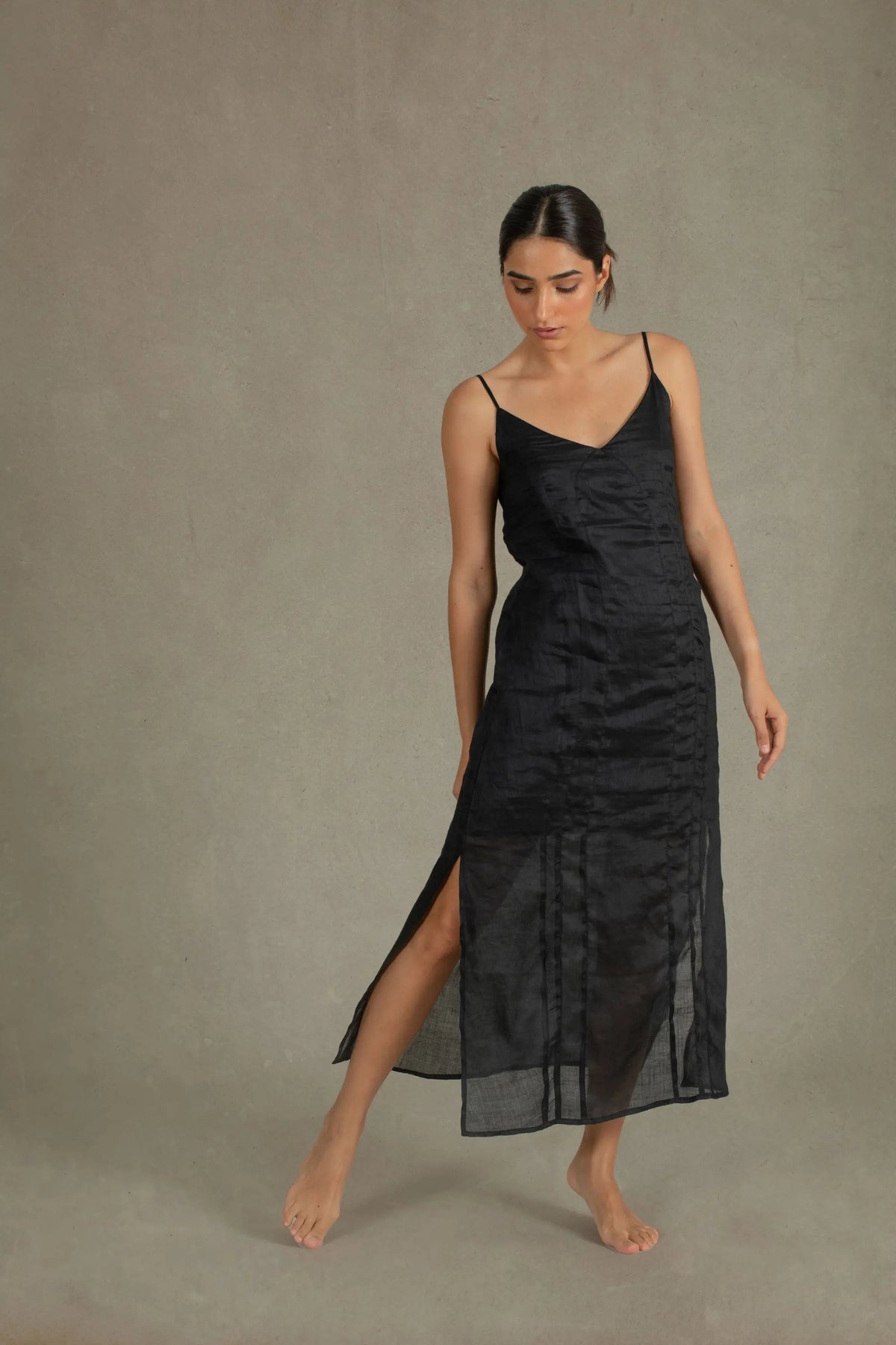 Ramie Linen Slip Dress Black
