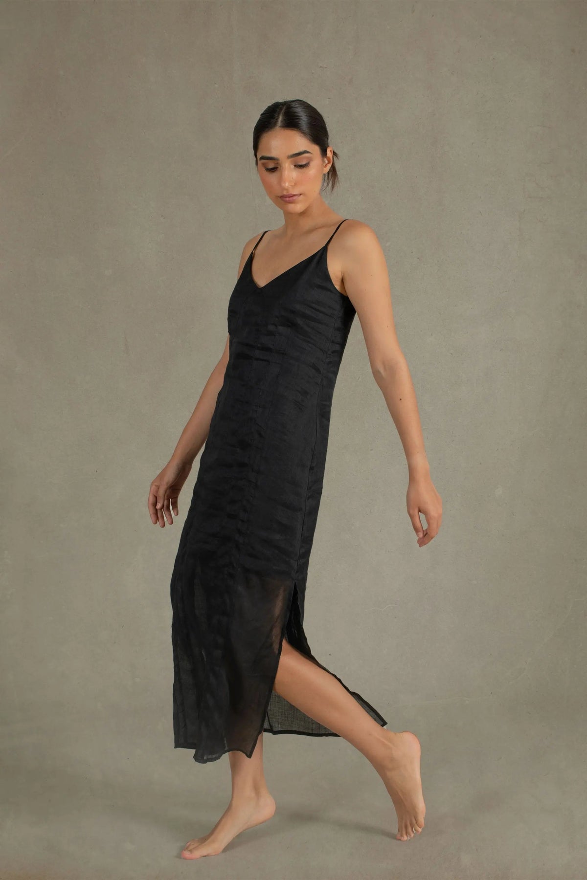 Ramie Linen Slip Dress Black