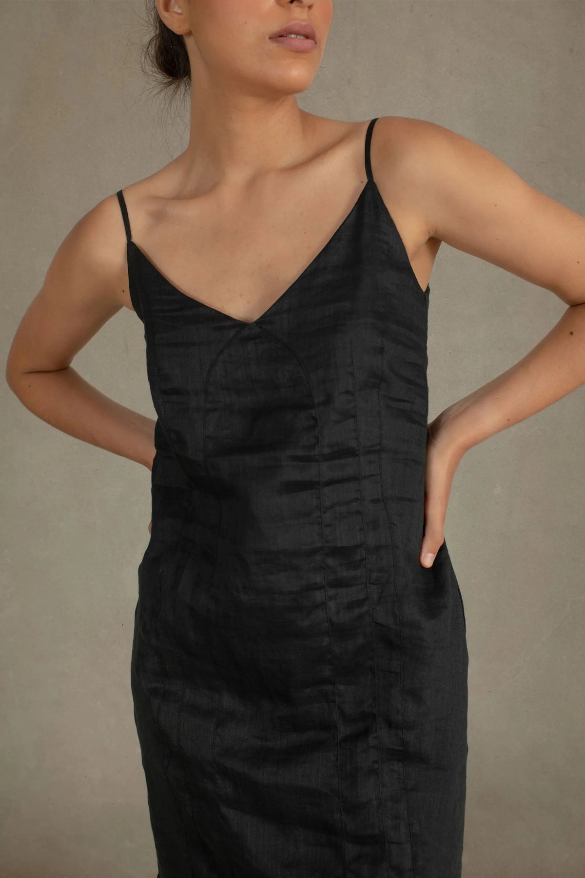 Ramie Linen Slip Dress Black