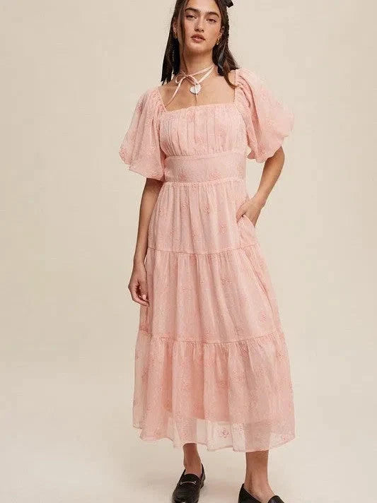 Flower Embroidered Puff Sleeve Tiered Maxi Dress