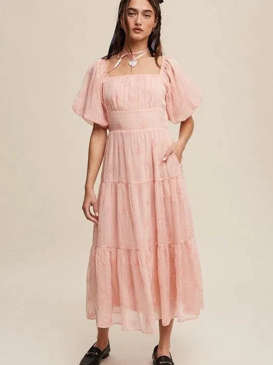 Flower Embroidered Puff Sleeve Tiered Maxi Dress