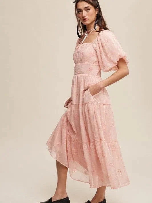 Flower Embroidered Puff Sleeve Tiered Maxi Dress