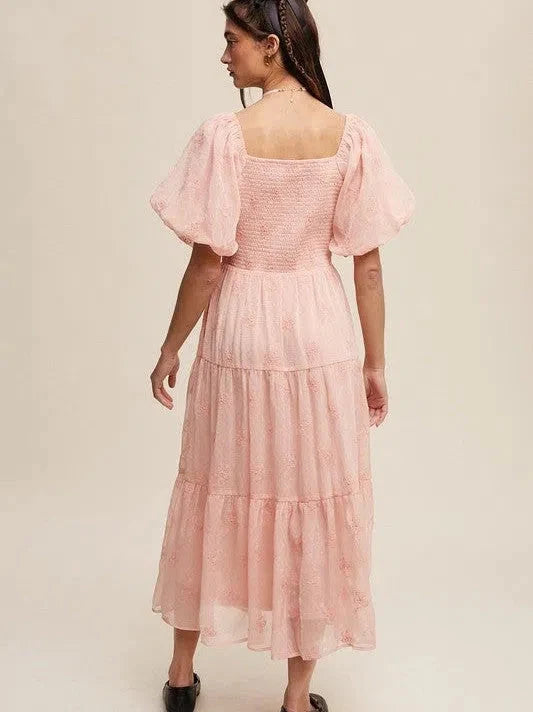 Flower Embroidered Puff Sleeve Tiered Maxi Dress