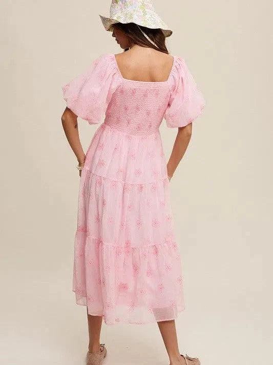 Flower Embroidered Puff Sleeve Tiered Maxi Dress