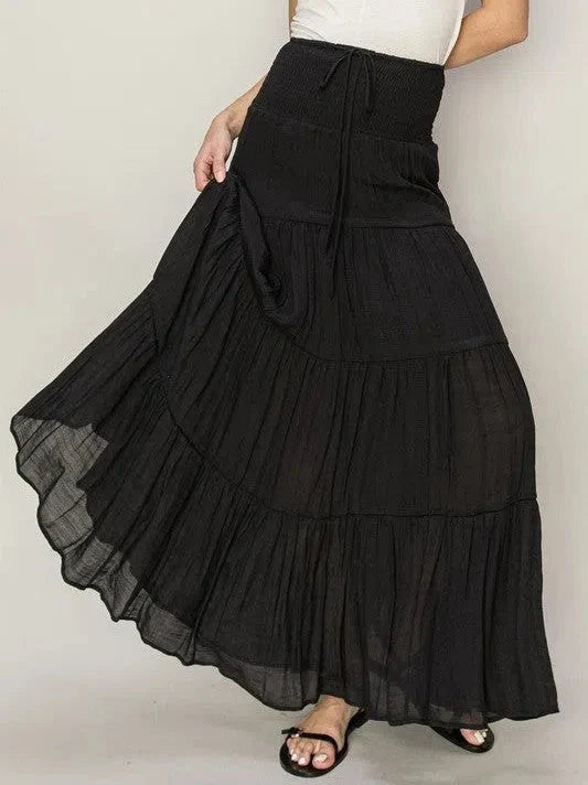 Drawstring Waist Tiered Maxi Skirt
