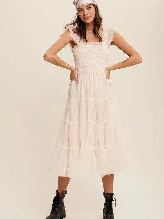 Mesh Ruffle Tiered Maxi Dress