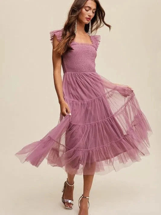 Mesh Ruffle Tiered Maxi Dress