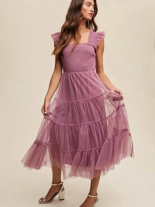 Mesh Ruffle Tiered Maxi Dress