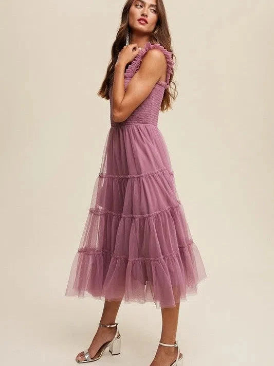 Mesh Ruffle Tiered Maxi Dress