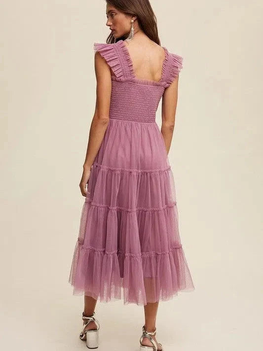Mesh Ruffle Tiered Maxi Dress