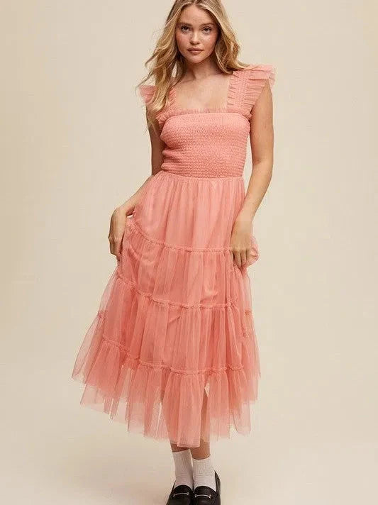Mesh Ruffle Tiered Maxi Dress