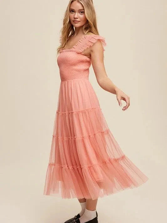 Mesh Ruffle Tiered Maxi Dress
