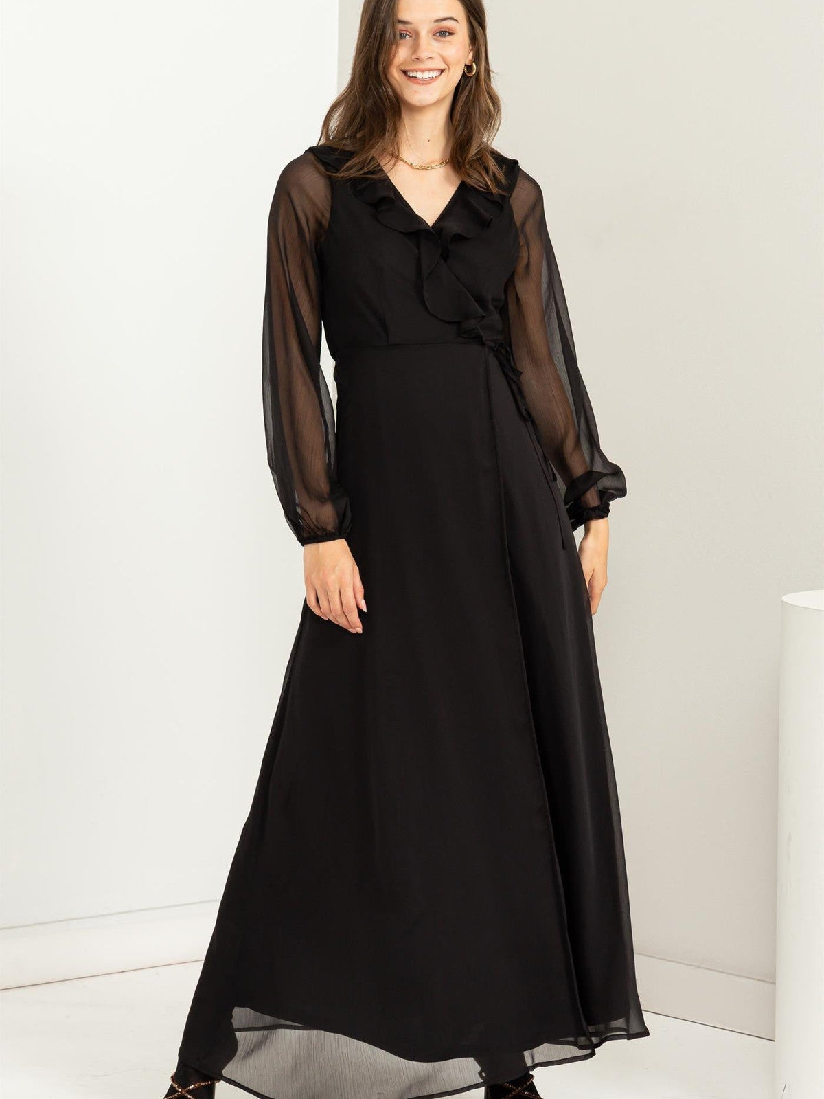 Waist Maxi Wrap Dress with Ruffles and Sheer Sleeves
