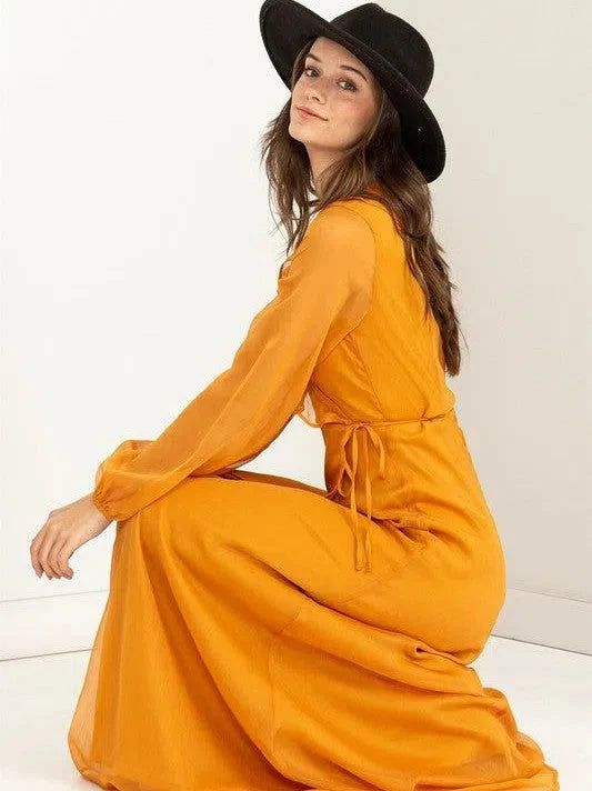 Waist Maxi Wrap Dress with Ruffles and Sheer Sleeves