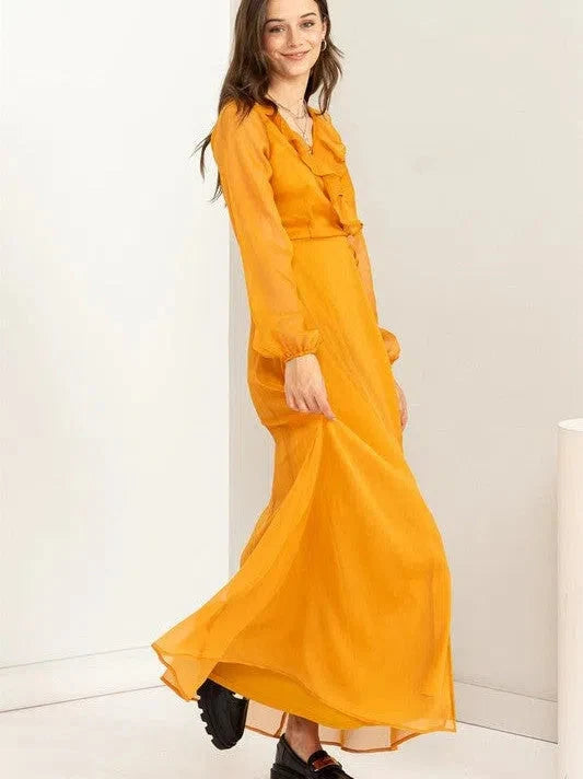 Waist Maxi Wrap Dress with Ruffles and Sheer Sleeves