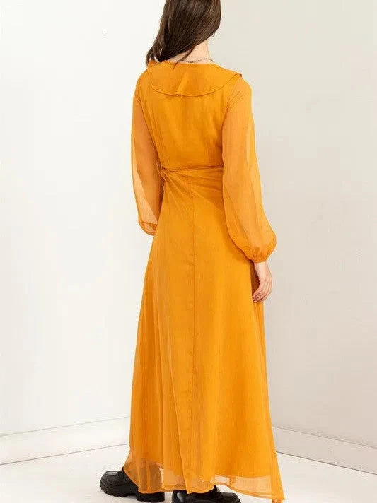 Waist Maxi Wrap Dress with Ruffles and Sheer Sleeves