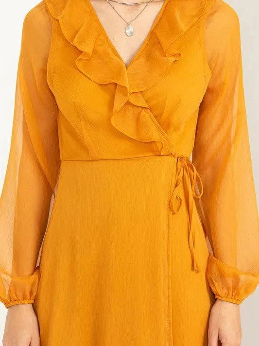 Waist Maxi Wrap Dress with Ruffles and Sheer Sleeves