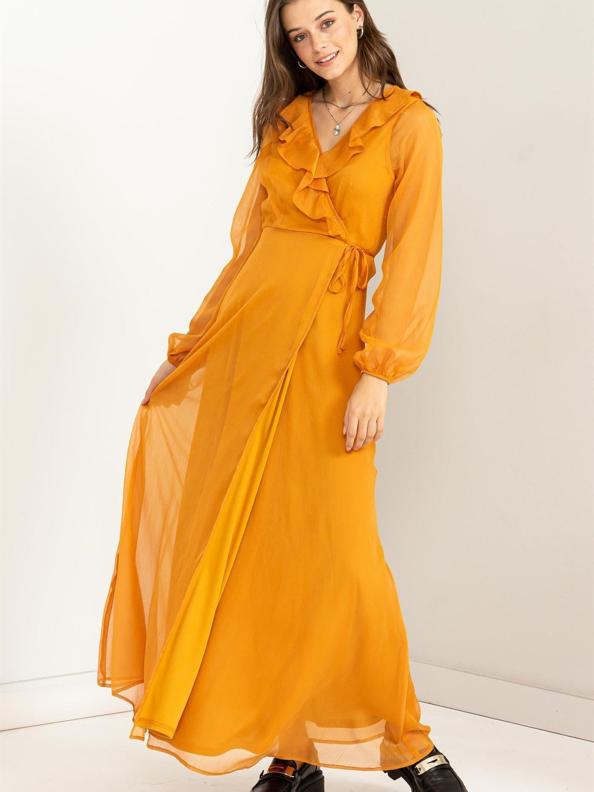 Waist Maxi Wrap Dress with Ruffles and Sheer Sleeves