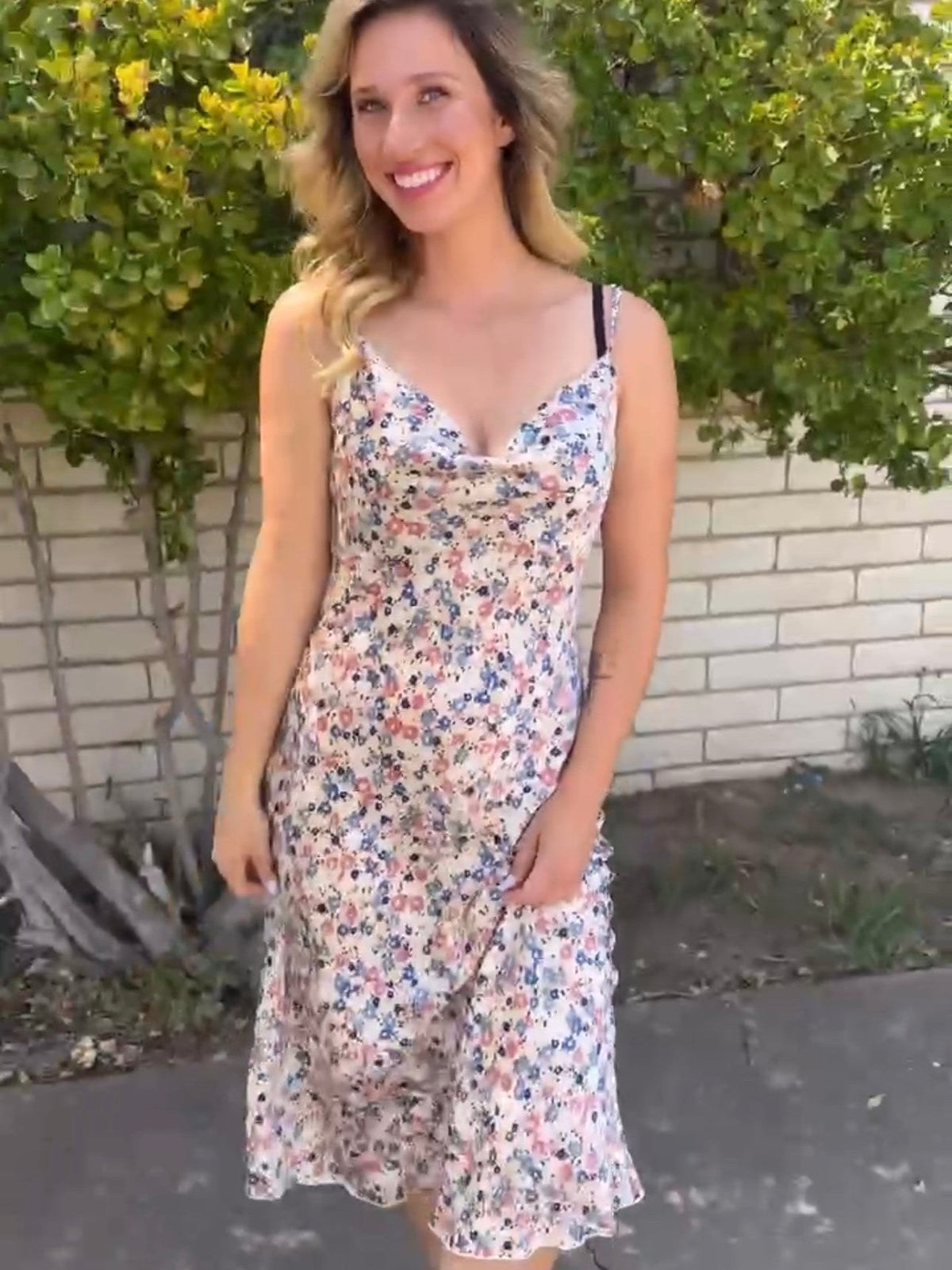 Floral Garden Satin Midi Dress with Cowl Neck