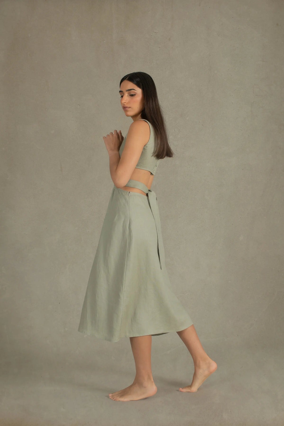 Luciole Linen Midi Dress Sage Green