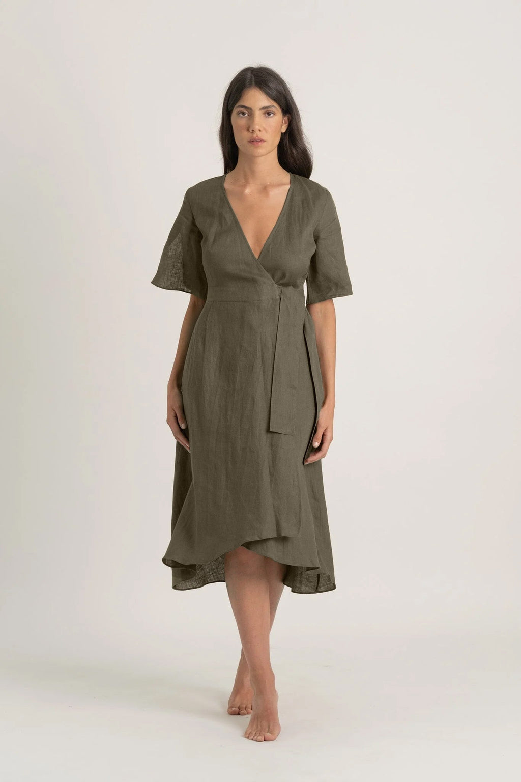 Linen Wrap Dress Khaki