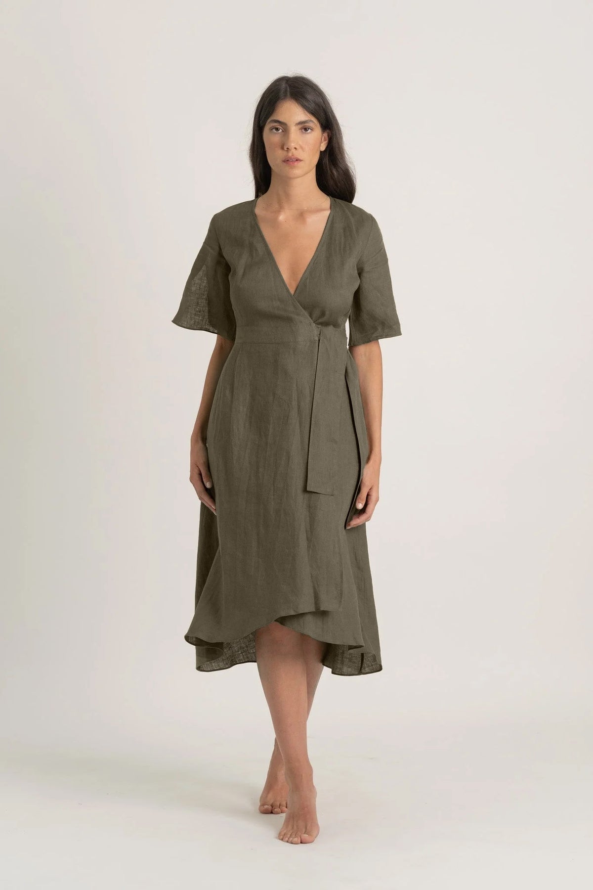 Linen Wrap Dress Khaki