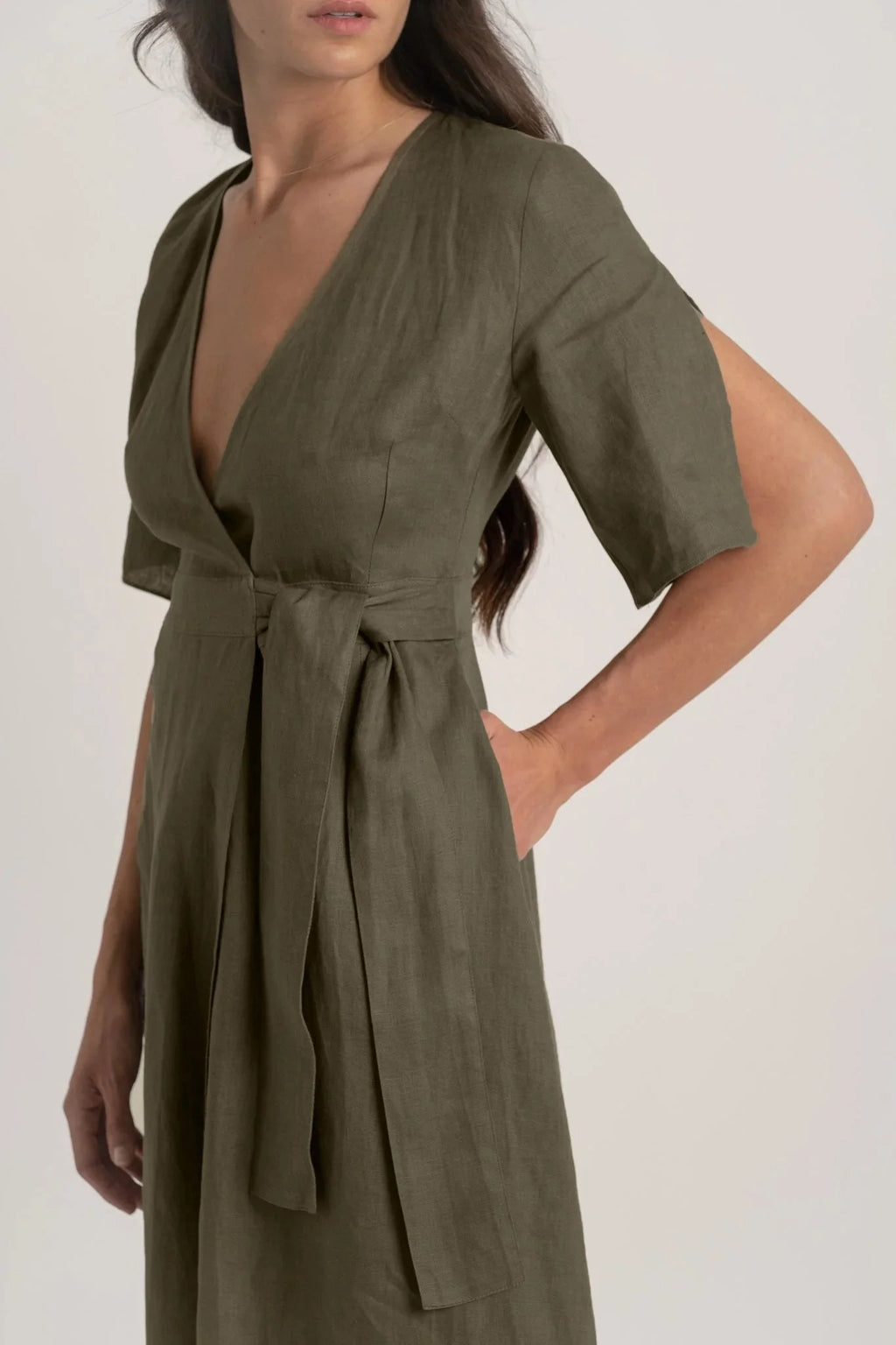 Linen Wrap Dress Khaki