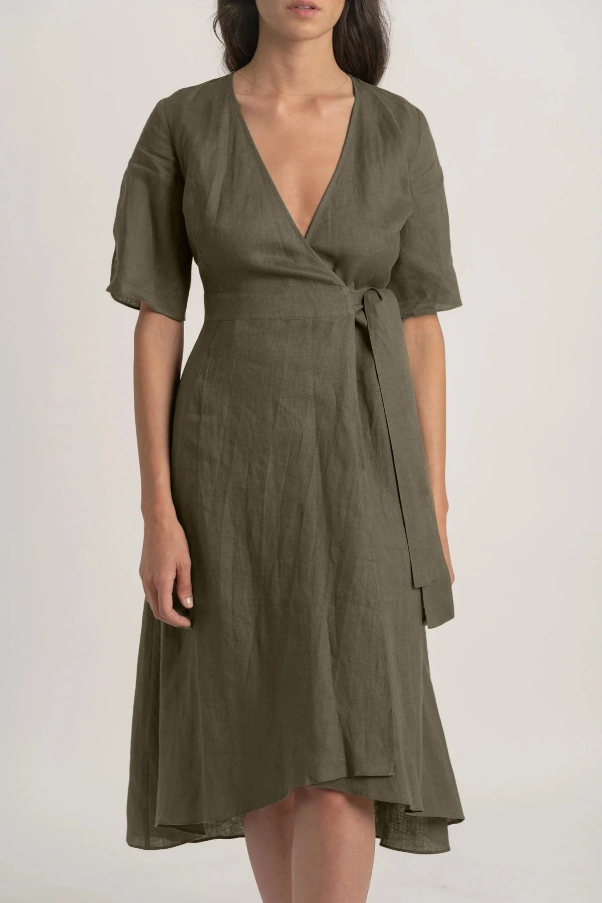Linen Wrap Dress Khaki