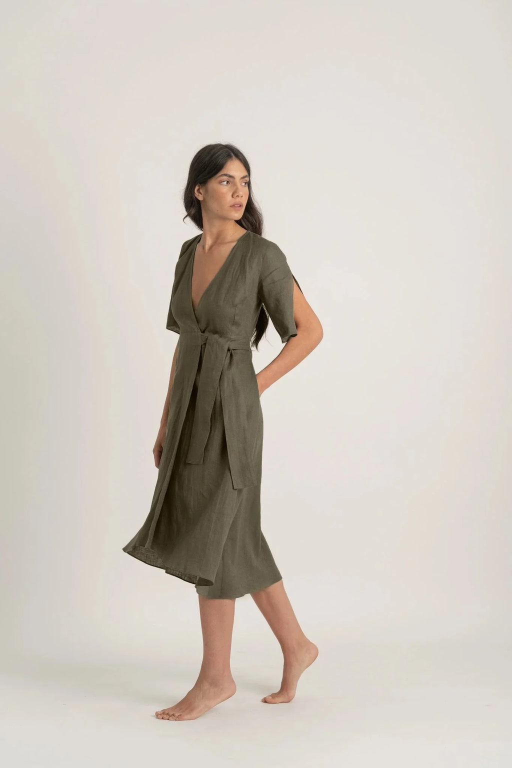 Linen Wrap Dress Khaki