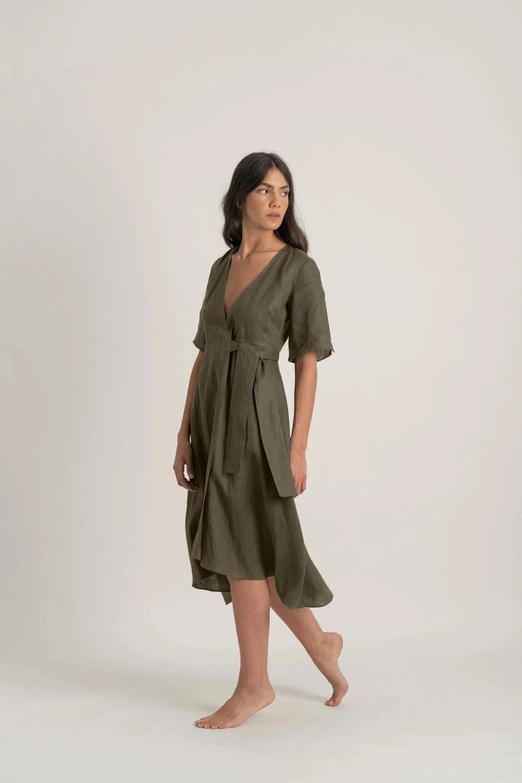 Linen Wrap Dress Khaki