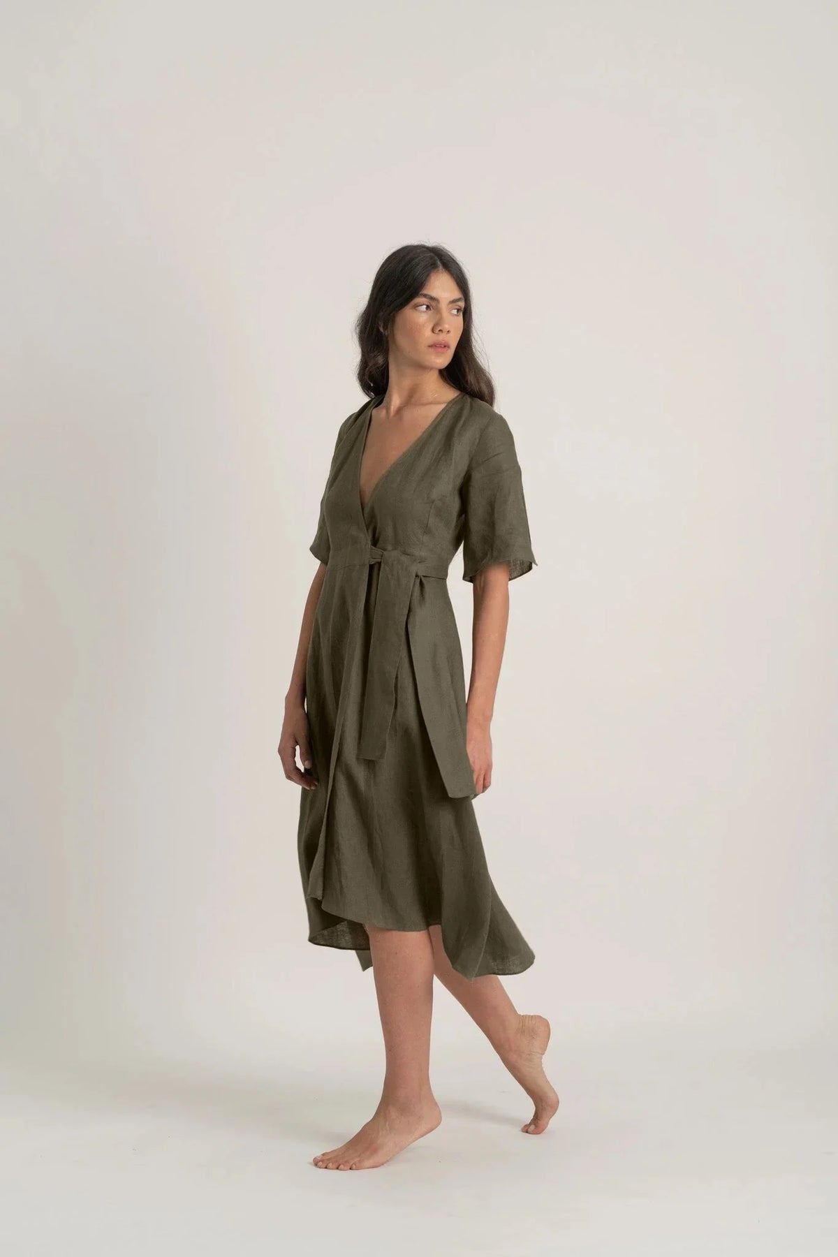 Linen Wrap Dress Khaki