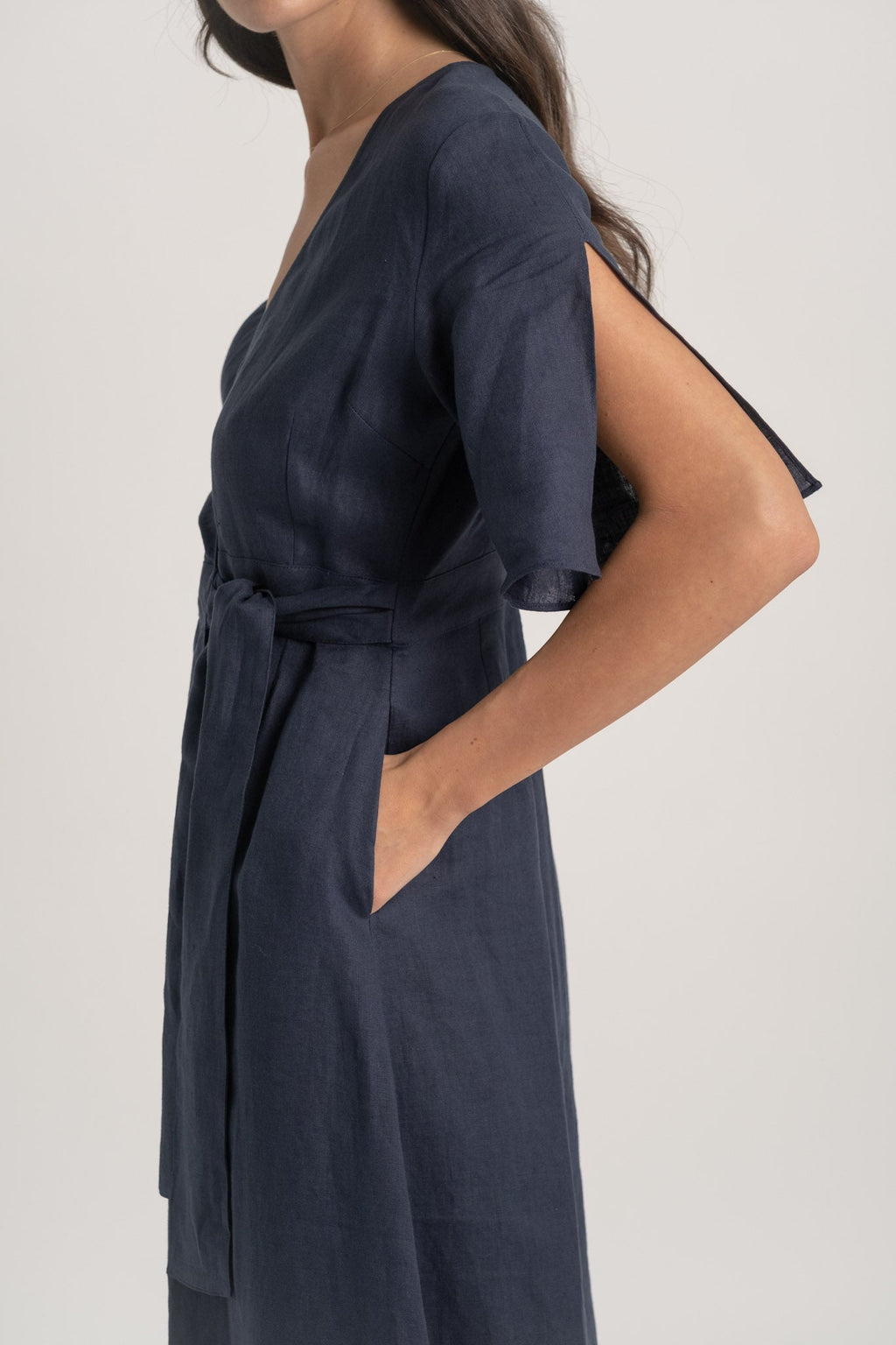 Linen Wrap Dress Navy