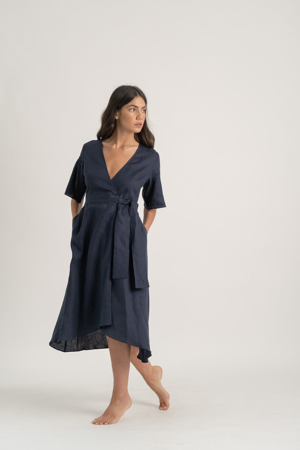 Linen Wrap Dress Navy