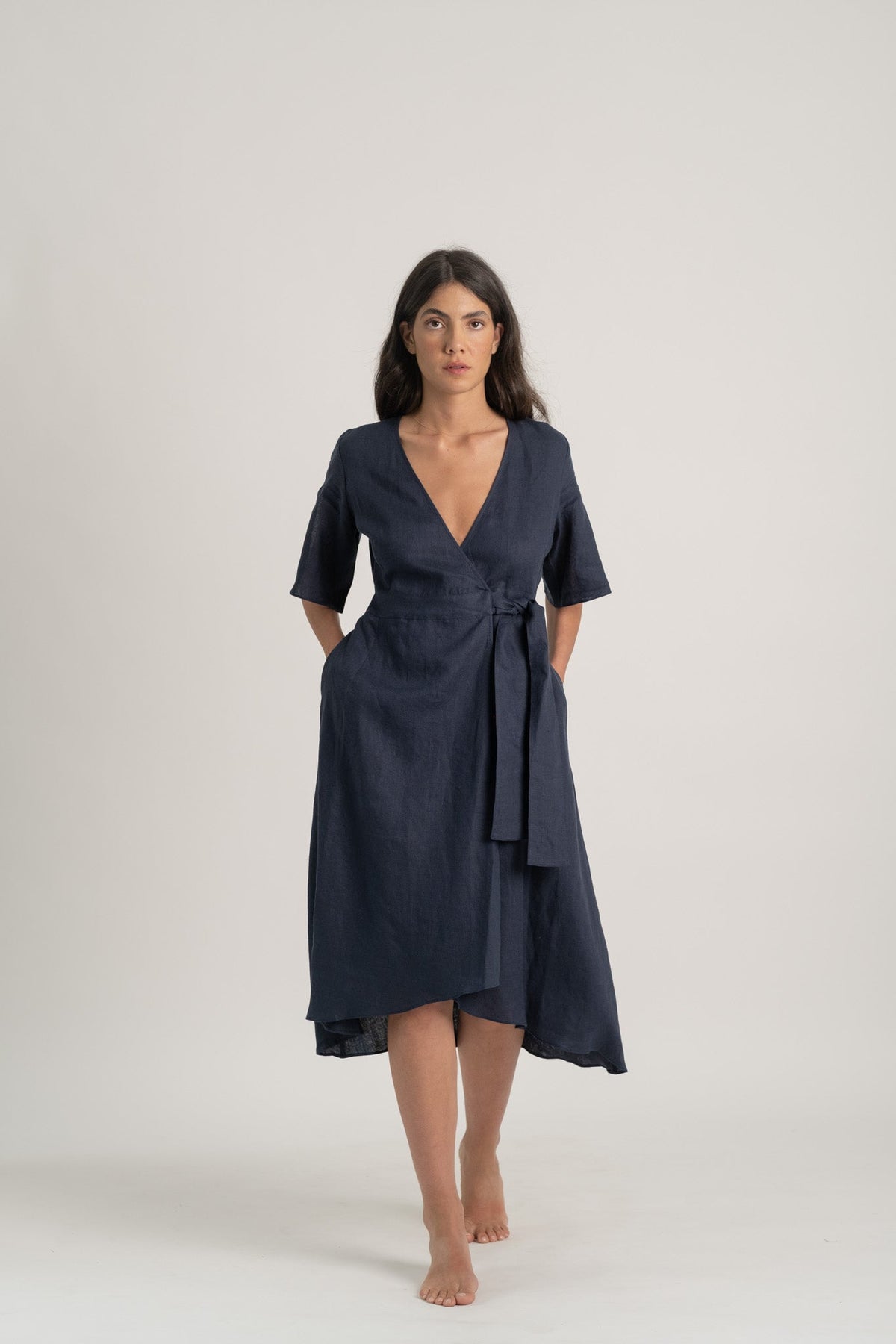 Linen Wrap Dress Navy