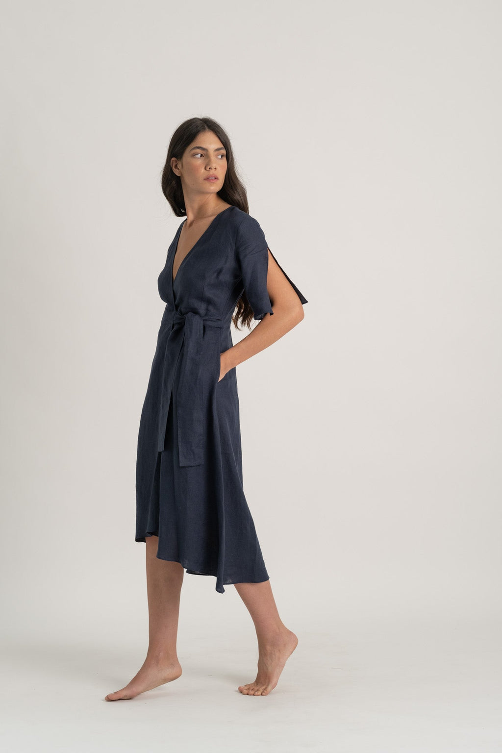 Linen Wrap Dress Navy