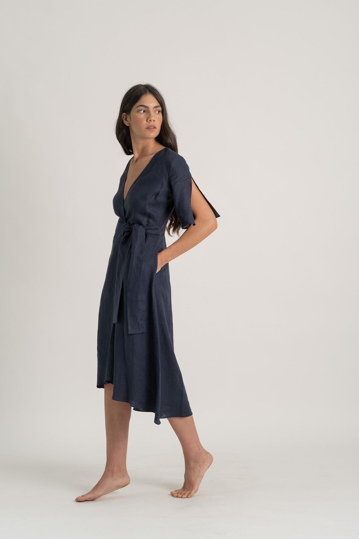 Linen Wrap Dress Navy