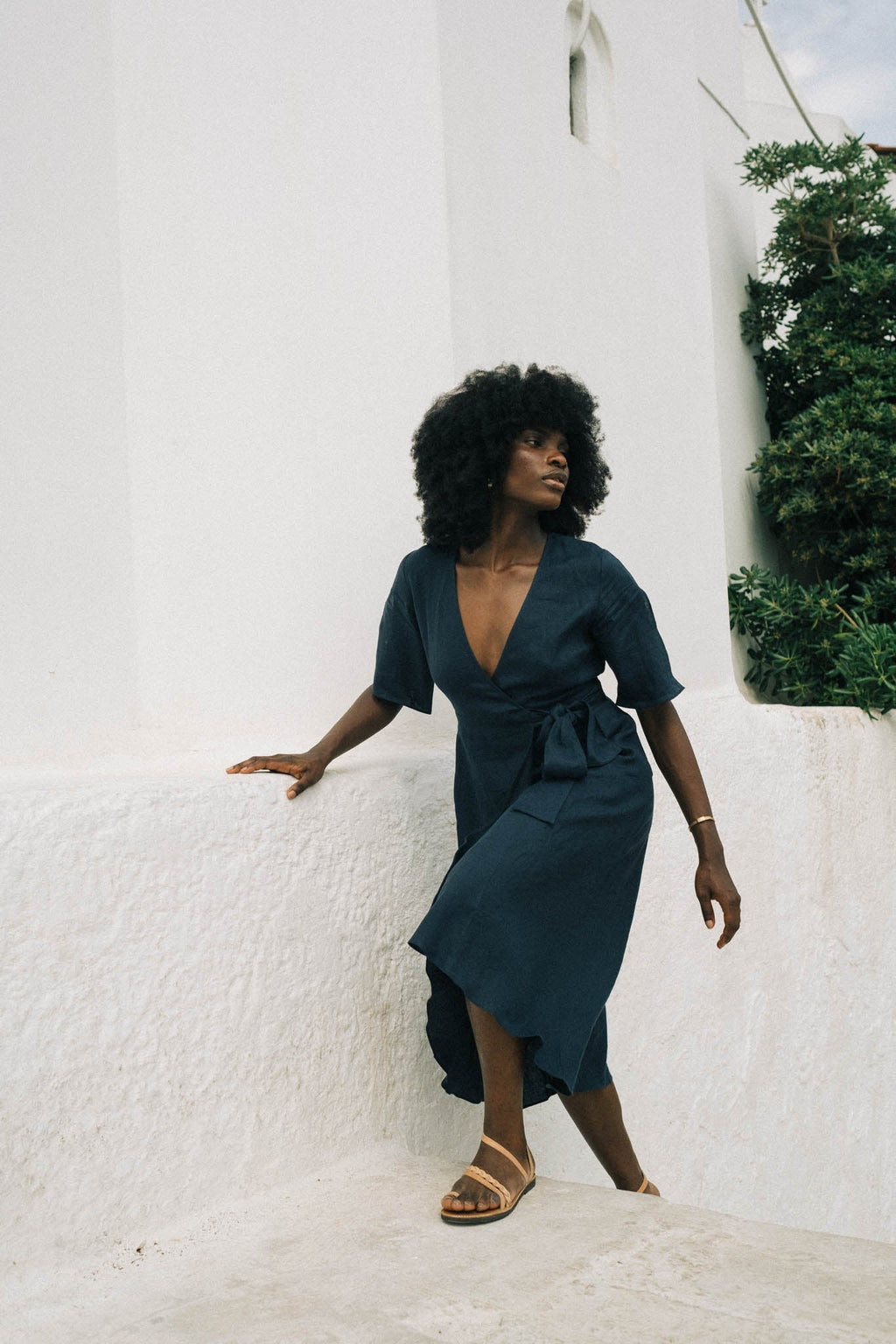 Linen Wrap Dress Navy