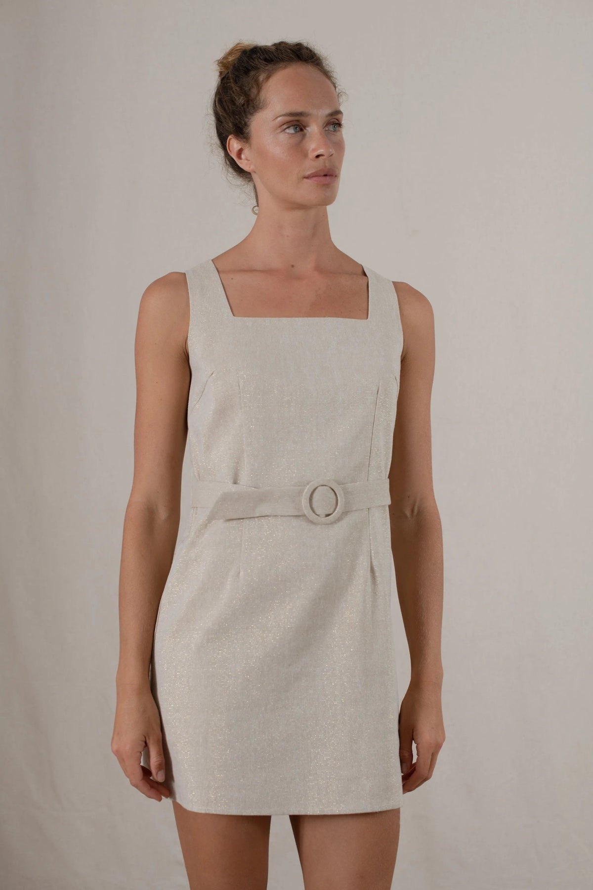 Mini Linen Shift Dress in Gold